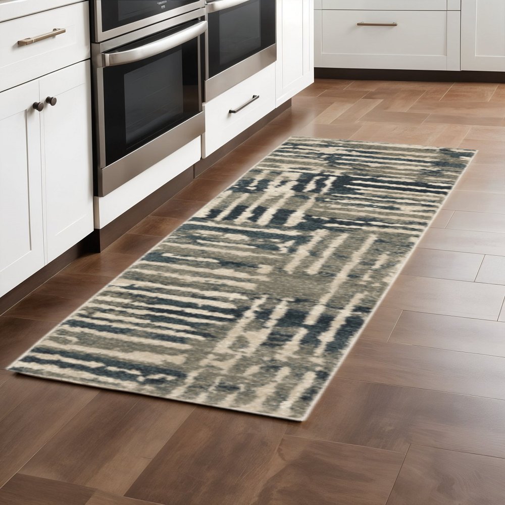 8' X 10' Blue And Beige Abstract Power Loom Stain Resistant Area Rug