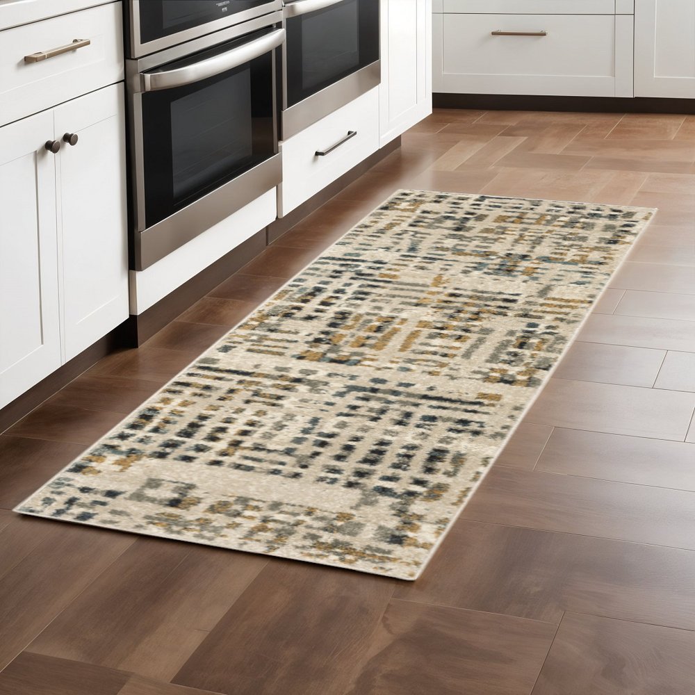 10' X 13' Beige Grey Blues Orange Yellow And Ivory Abstract Power Loom Stain Resistant Area Rug