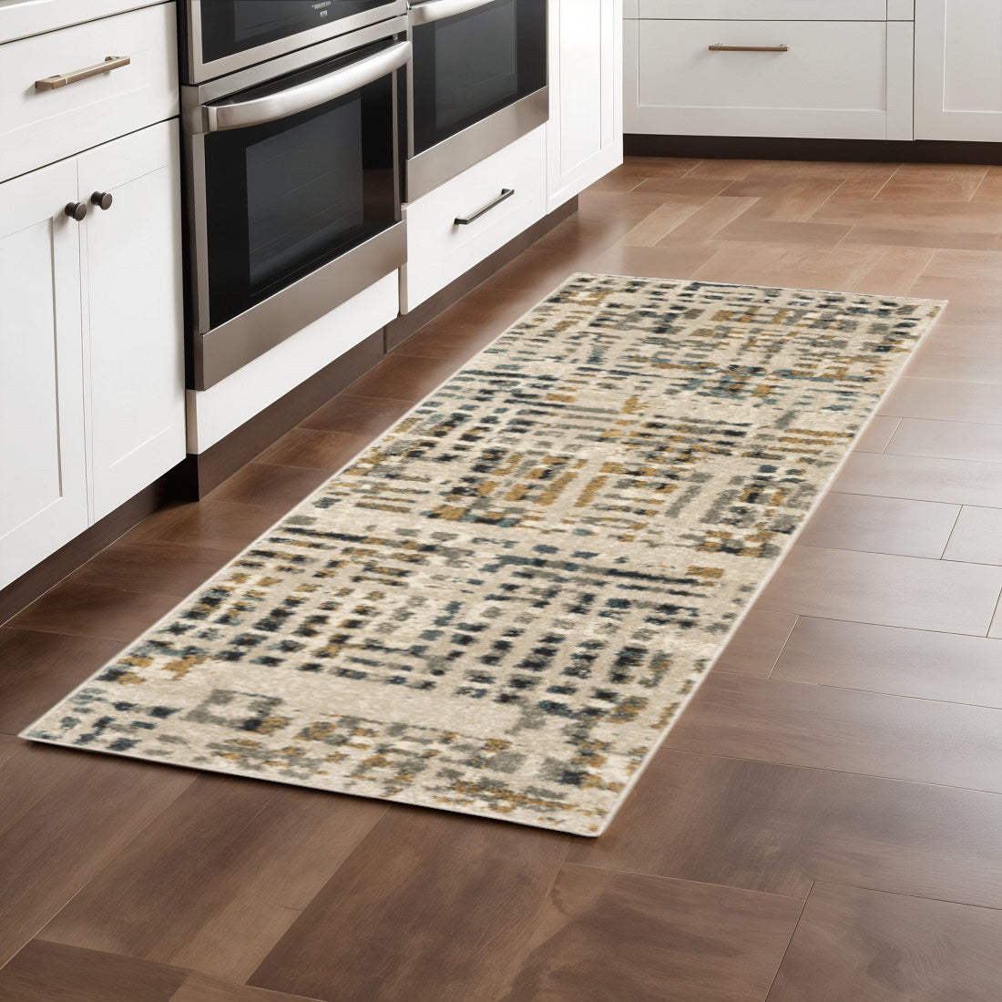 10' X 13' Beige Grey Blues Orange Yellow And Ivory Abstract Power Loom Stain Resistant Area Rug