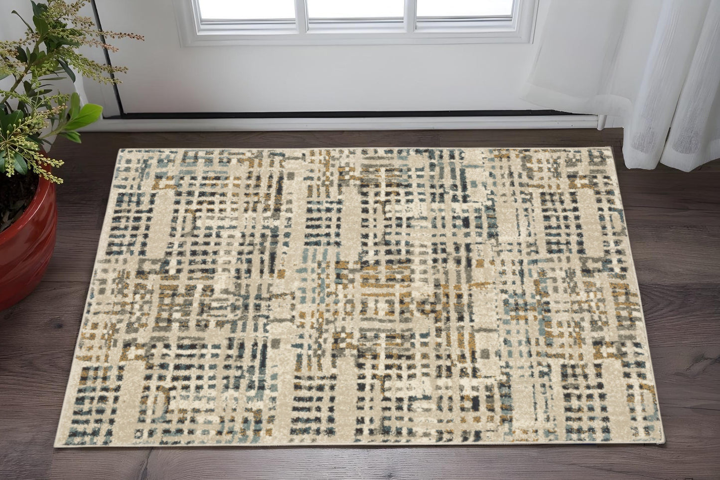10' X 13' Beige Grey Blues Orange Yellow And Ivory Abstract Power Loom Stain Resistant Area Rug