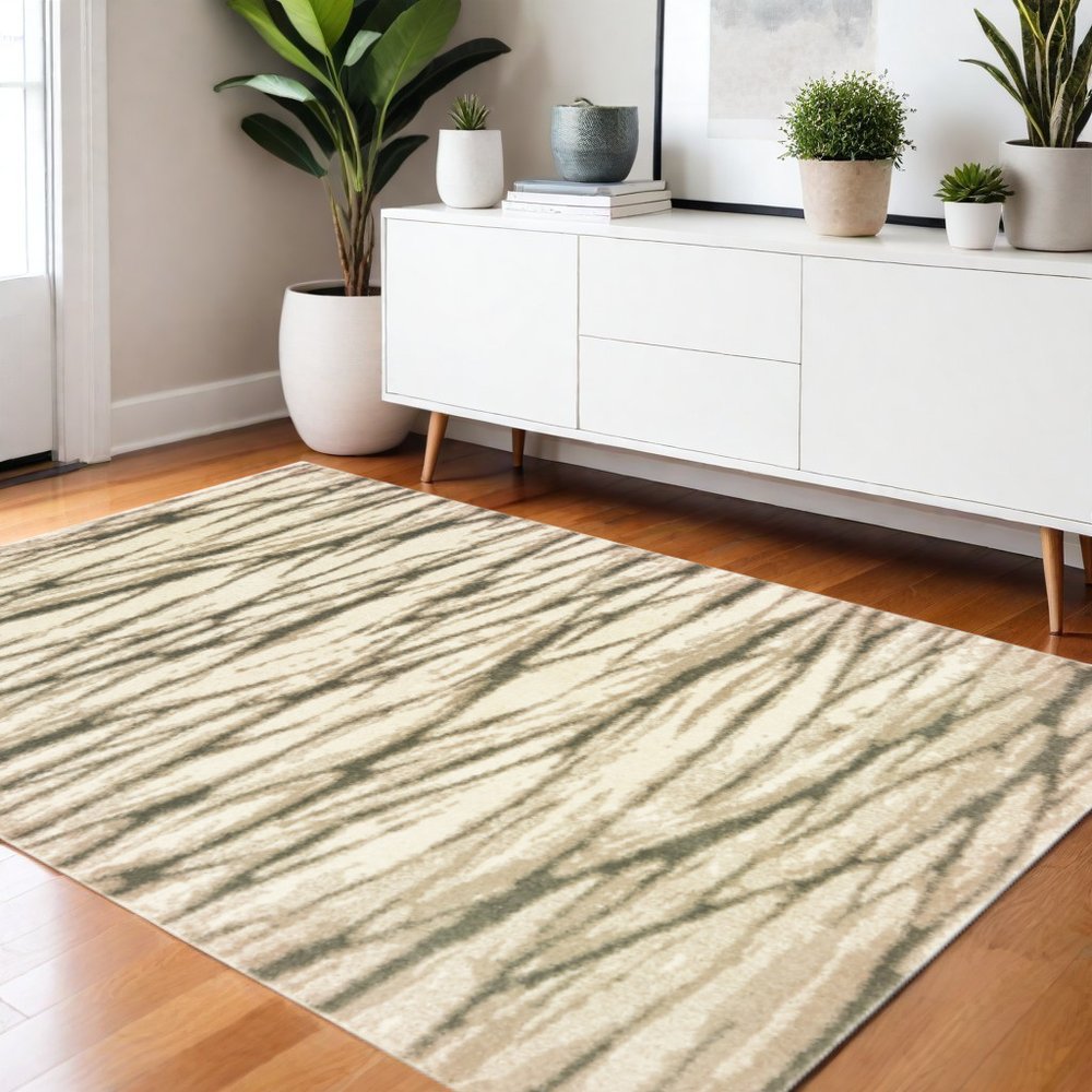 8' X 10' Ivory Sand And Ash Abstract Power Loom Stain Resistant Area Rug