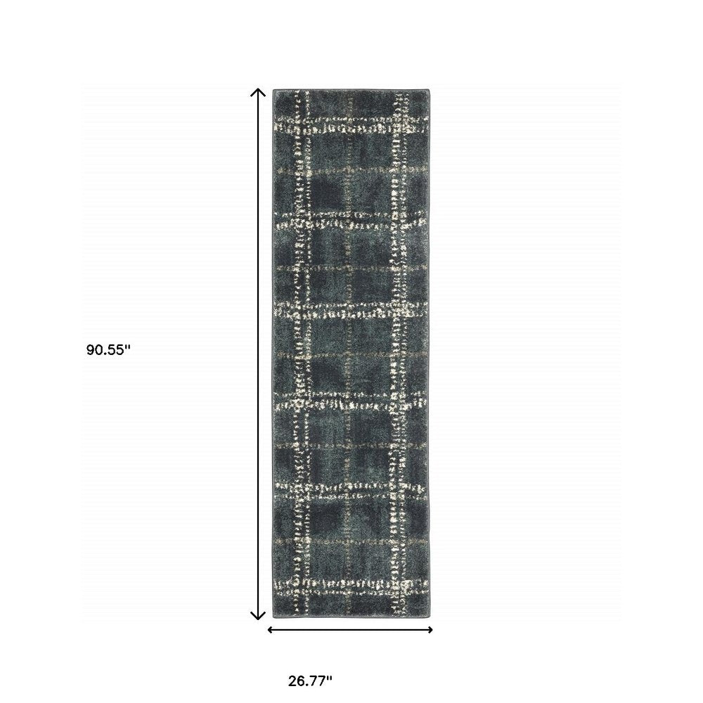 2' X 8' Blue And Ivory Geometric Power Loom Stain Resistant Runner Rug