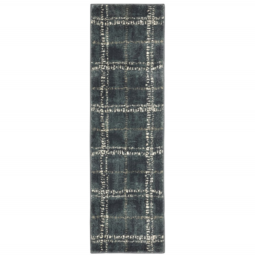 2' X 8' Blue And Ivory Geometric Power Loom Stain Resistant Runner Rug