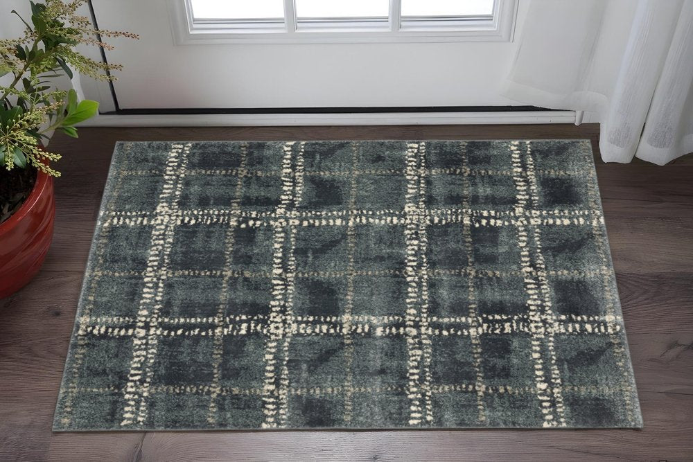 2' X 8' Blue And Ivory Geometric Power Loom Stain Resistant Runner Rug