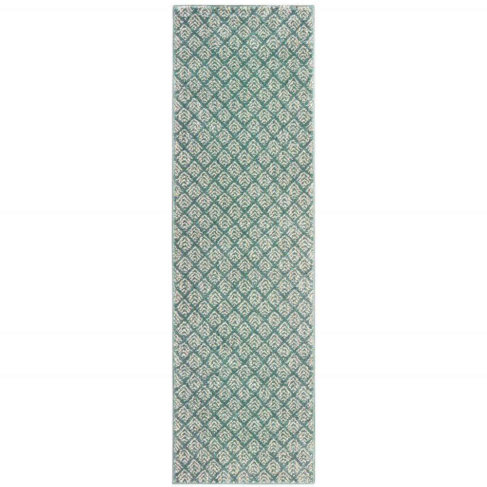 2' X 8' Foam Blue And Ivory Geometric Power Loom Stain Resistant Runner Rug