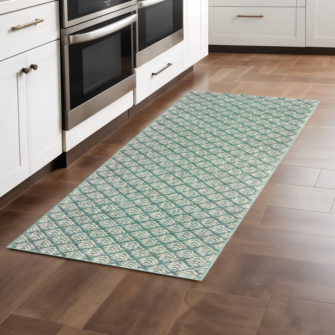 2' X 8' Foam Blue And Ivory Geometric Power Loom Stain Resistant Runner Rug