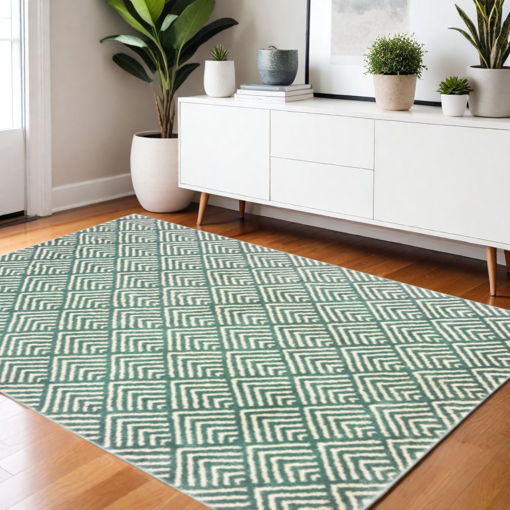 2' X 8' Foam Blue And Ivory Geometric Power Loom Stain Resistant Runner Rug