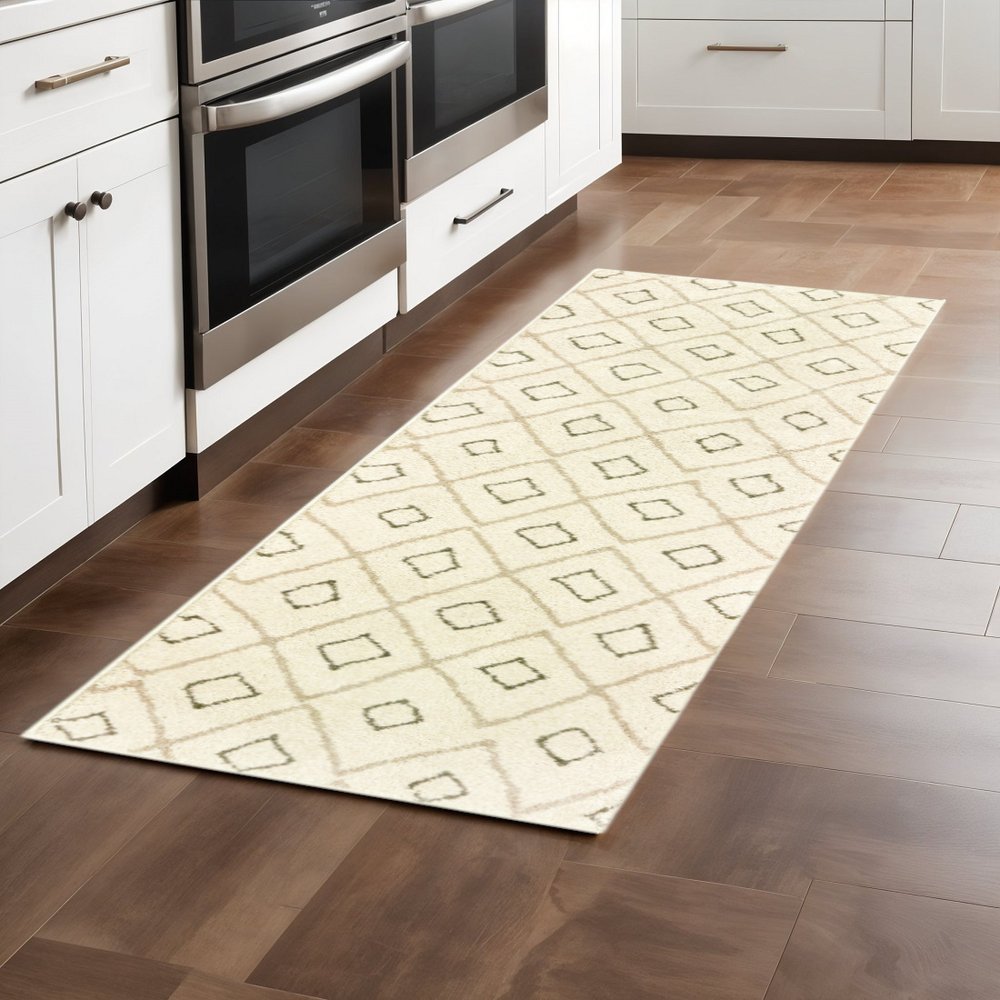 2' X 8' Sand Ash Grey And Ivory Geometric Power Loom Stain Resistant Runner Rug