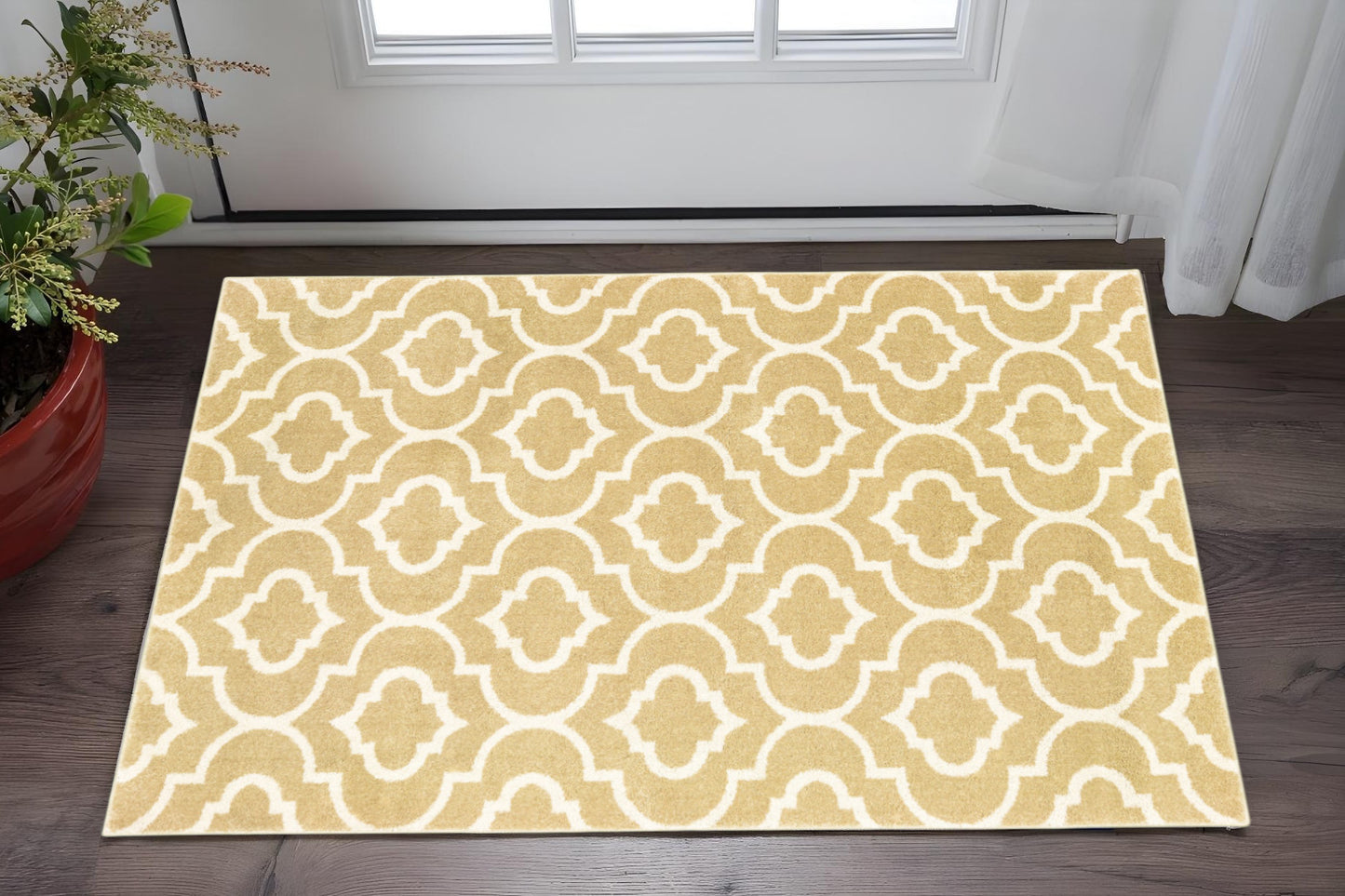 2' X 8' Gold And Ivory Geometric Power Loom Stain Resistant Runner Rug