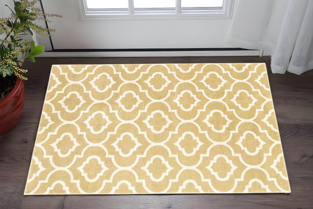 2' X 8' Gold And Ivory Geometric Power Loom Stain Resistant Runner Rug