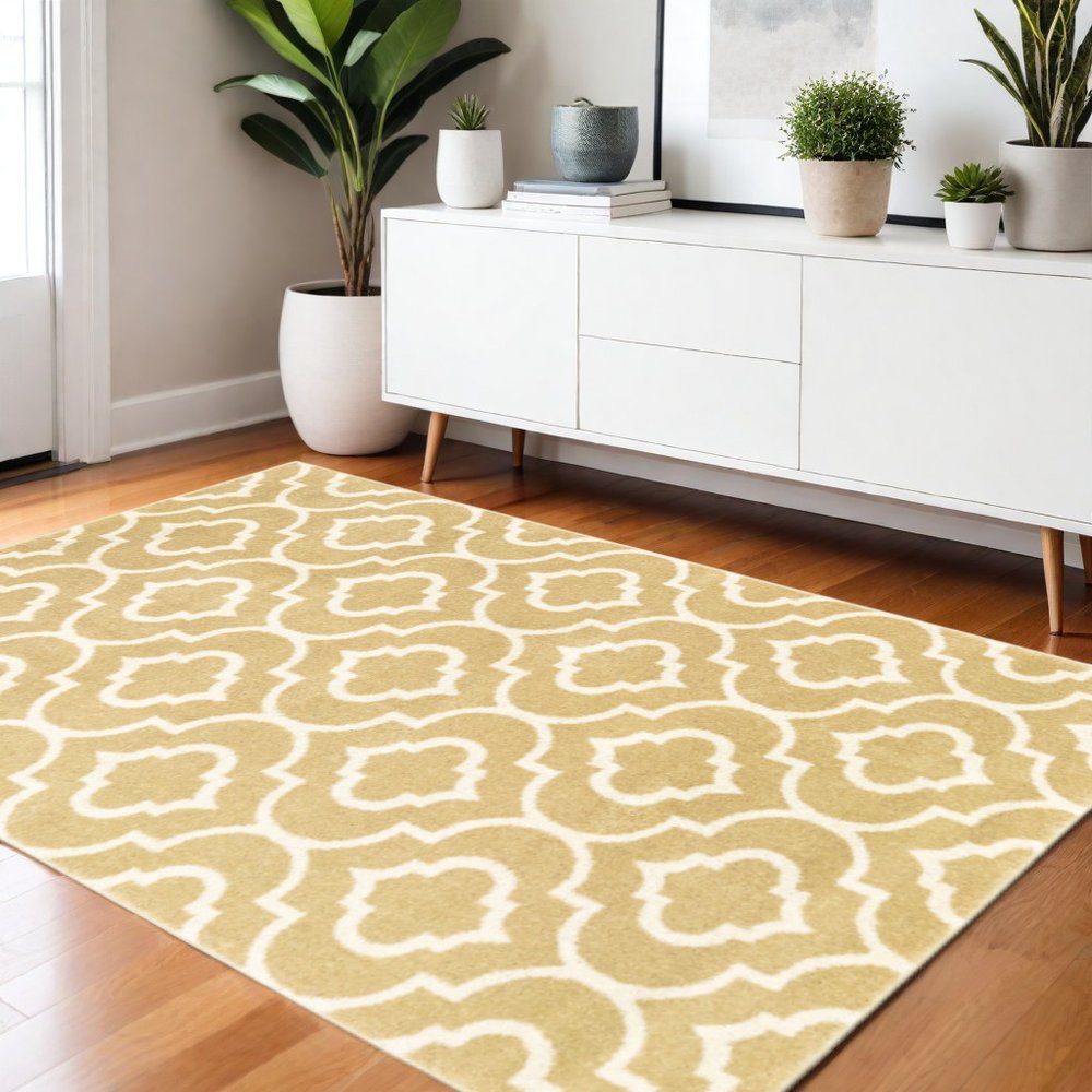 2' X 8' Gold And Ivory Geometric Power Loom Stain Resistant Runner Rug