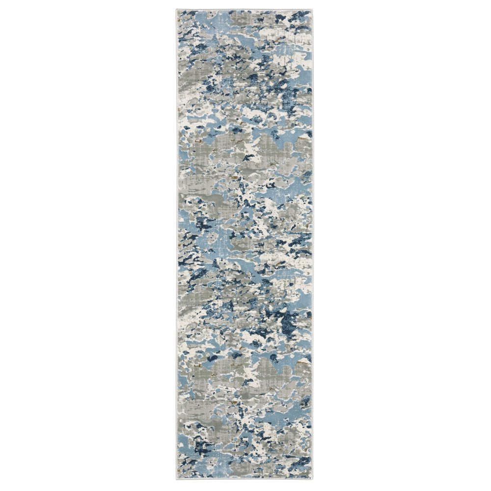 5' X 8' Grey Blue Ivory Navy Beige And Brown Abstract Power Loom Stain Resistant Area Rug