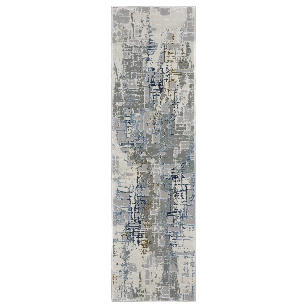 10' X 13' Grey Blue Brown Ivory And Deep Blue Abstract Power Loom Stain Resistant Area Rug