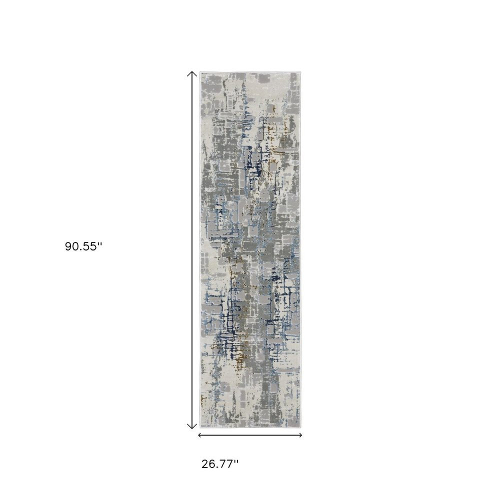 10' X 13' Grey Blue Brown Ivory And Deep Blue Abstract Power Loom Stain Resistant Area Rug