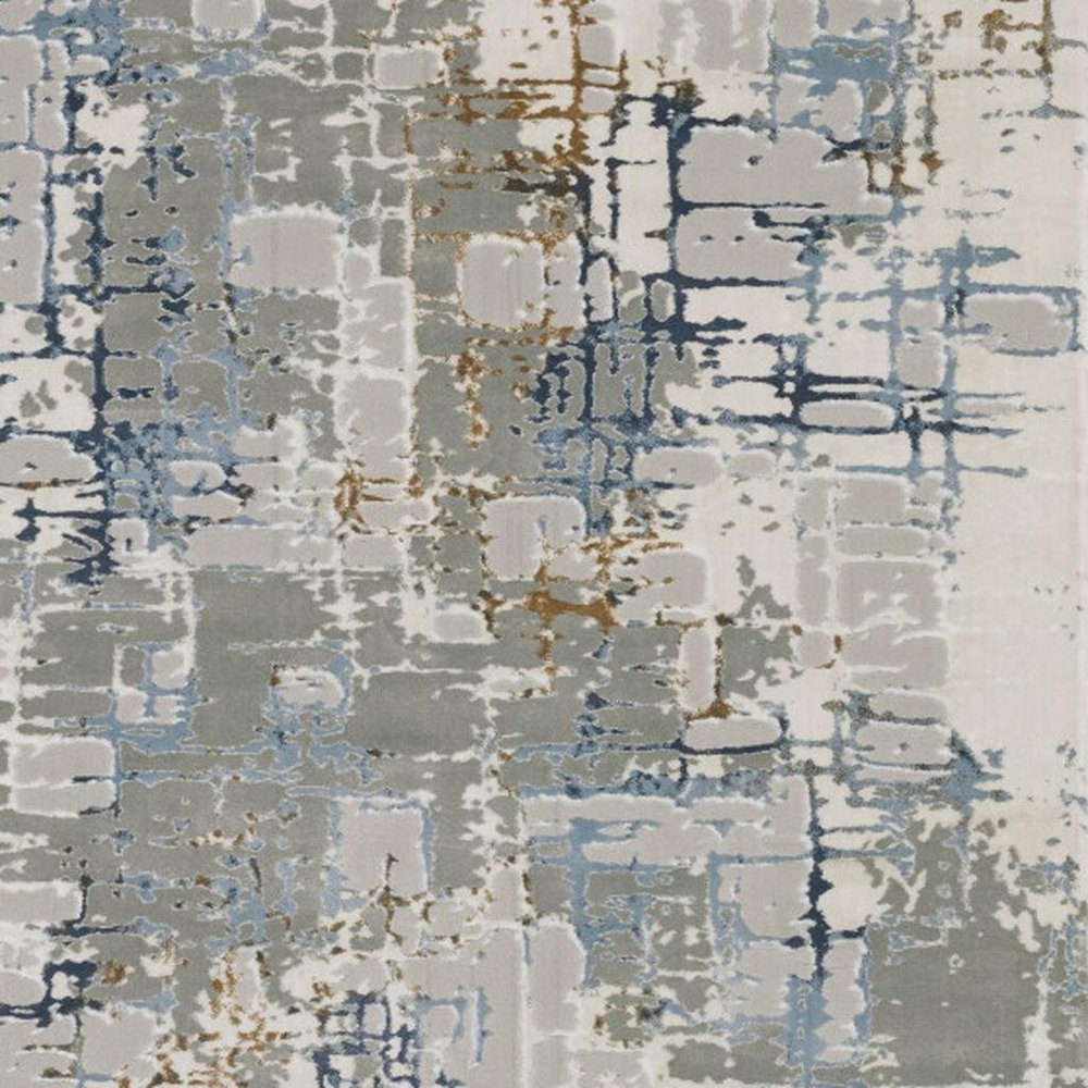 10' X 13' Grey Blue Brown Ivory And Deep Blue Abstract Power Loom Stain Resistant Area Rug