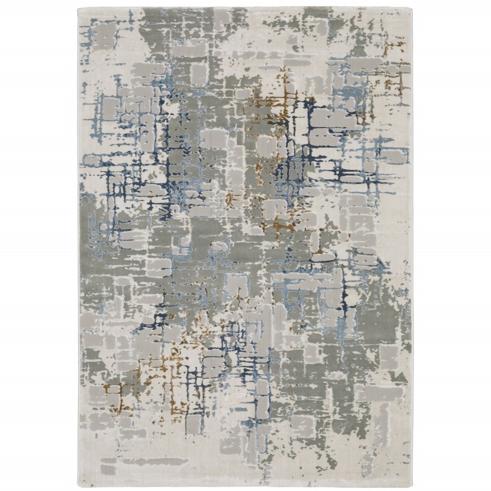 10' X 13' Grey Blue Brown Ivory And Deep Blue Abstract Power Loom Stain Resistant Area Rug