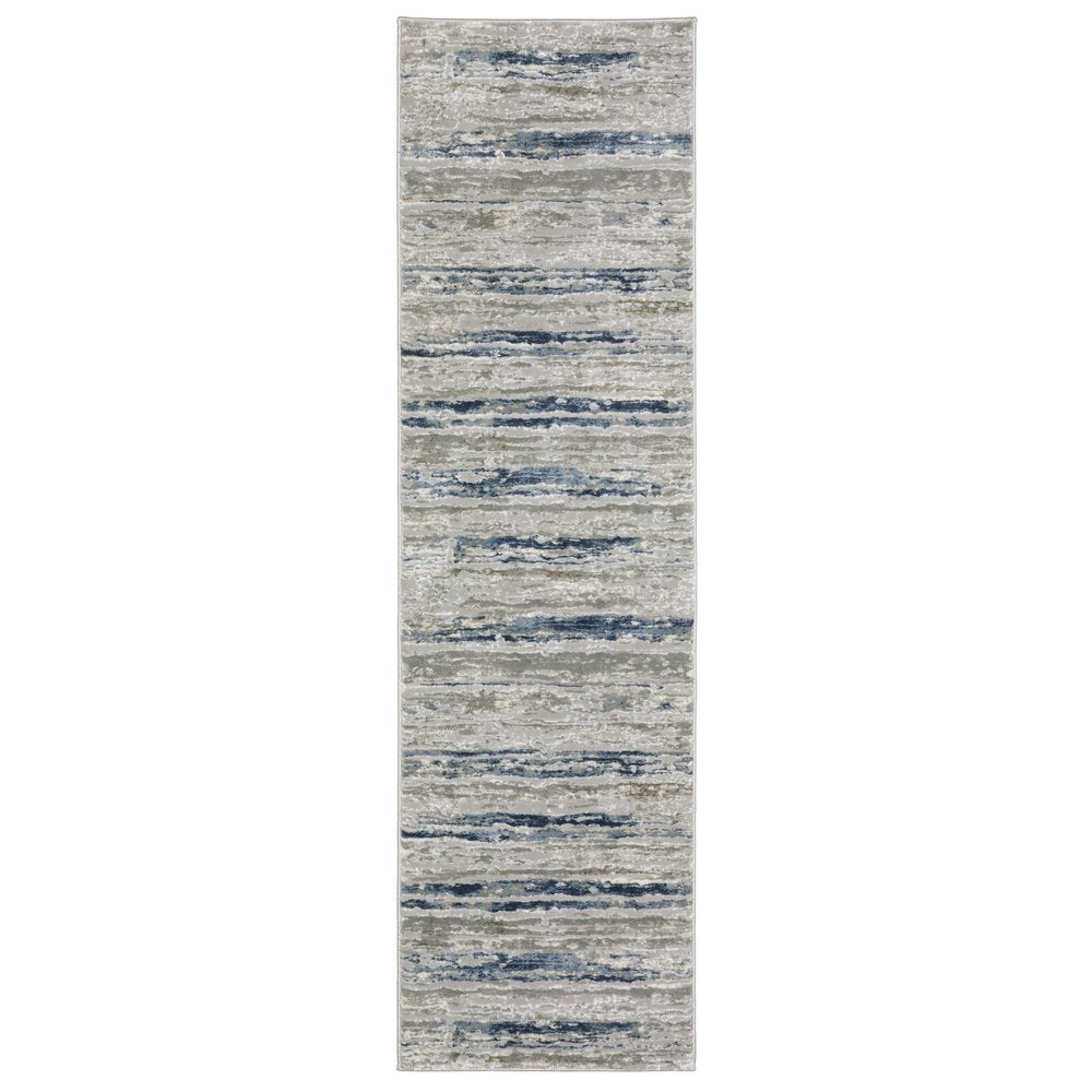 2' X 8' Grey Blue Light Blue Ivory And Brown Abstract Power Loom Stain Resistant Runner Rug