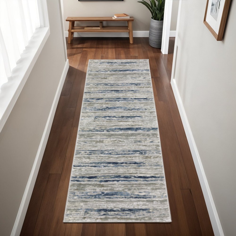 2' X 8' Grey Blue Light Blue Ivory And Brown Abstract Power Loom Stain Resistant Runner Rug