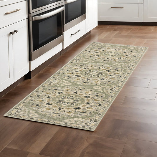 2' X 8' Green Ivory Grey And Tan Floral Power Loom Stain Resistant Runner Rug