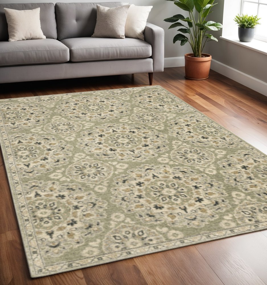 2' X 8' Green Ivory Grey And Tan Floral Power Loom Stain Resistant Runner Rug