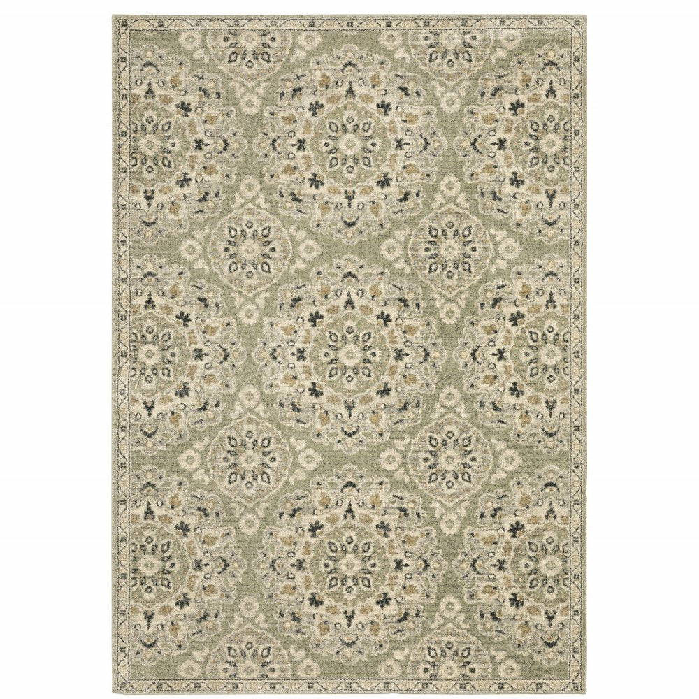 2' X 8' Green Ivory Grey And Tan Floral Power Loom Stain Resistant Runner Rug