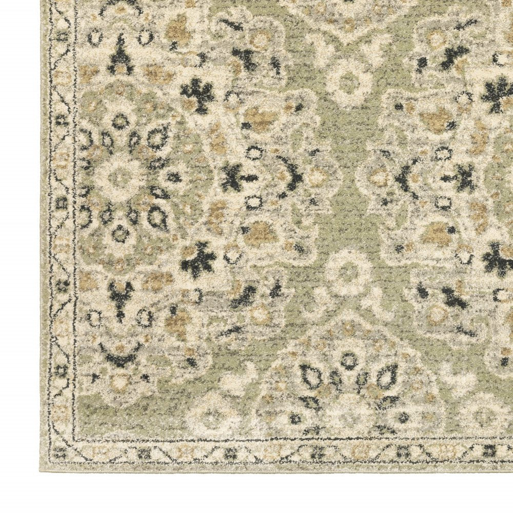 2' X 8' Green Ivory Grey And Tan Floral Power Loom Stain Resistant Runner Rug
