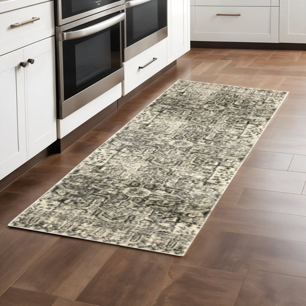 2' X 8' Grey Ivory And Brown Oriental Power Loom Stain Resistant Runner Rug