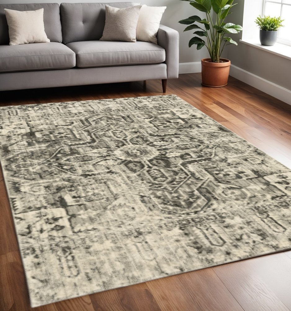 2' X 8' Grey Ivory And Brown Oriental Power Loom Stain Resistant Runner Rug