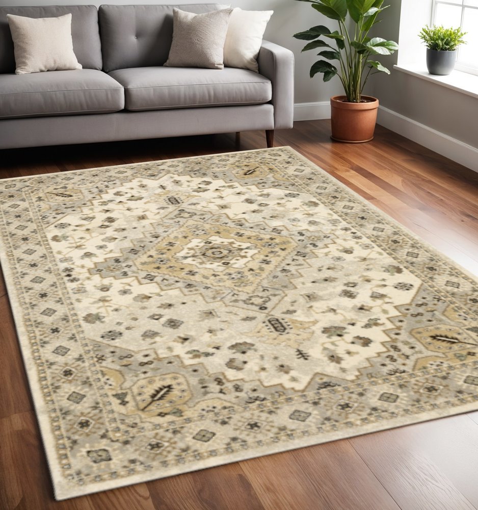 2' X 8' Beige Grey Tan And Brown Oriental Power Loom Stain Resistant Runner Rug
