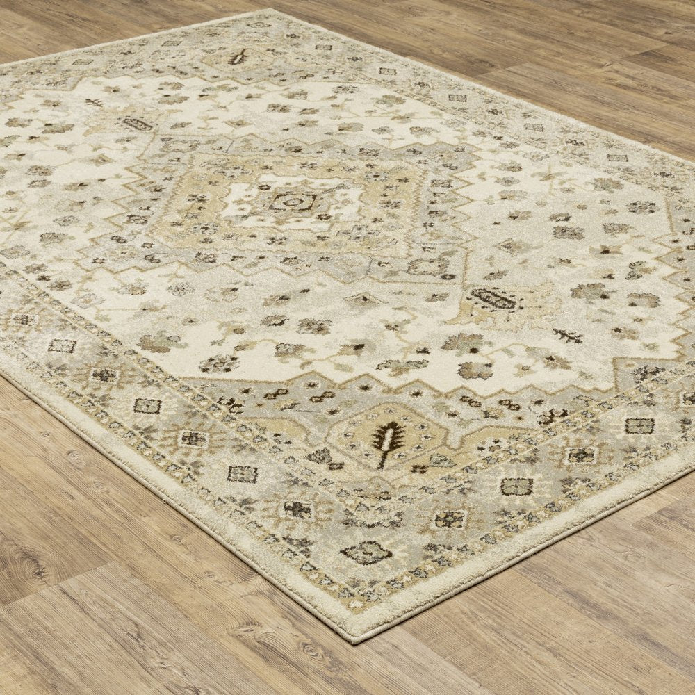 2' X 8' Beige Grey Tan And Brown Oriental Power Loom Stain Resistant Runner Rug