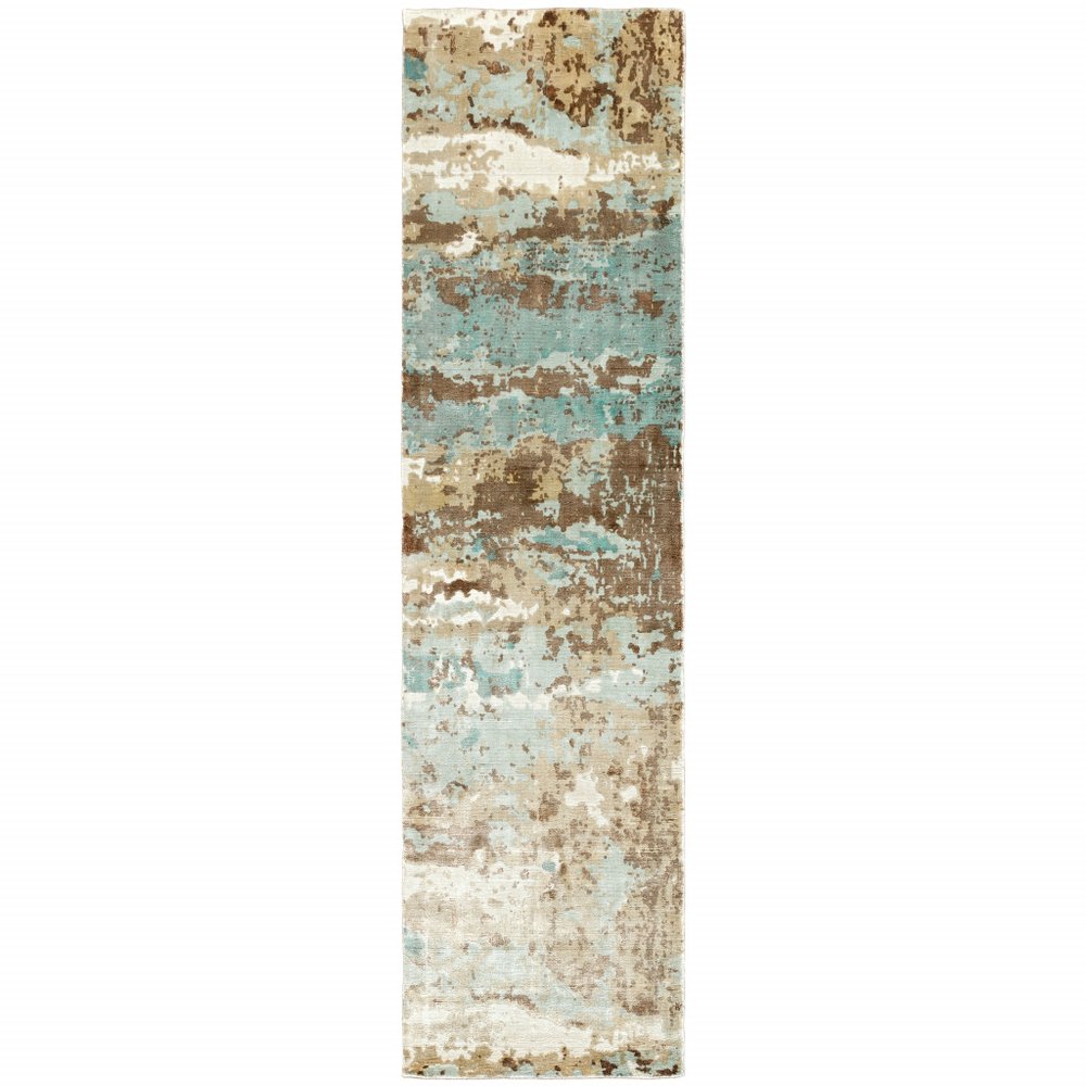 8' X 10' Blue And Brown Abstract Hand Loomed Stain Resistant Area Rug