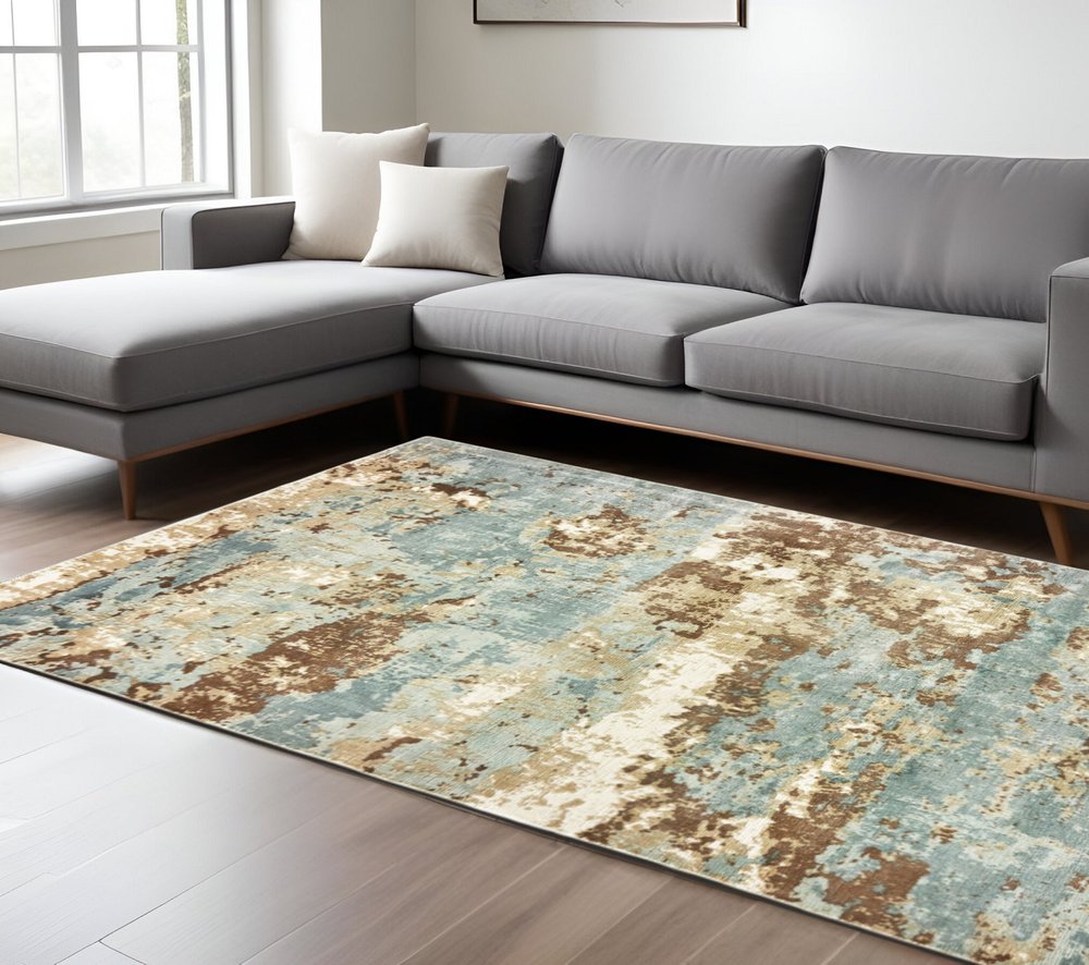 8' X 10' Blue And Brown Abstract Hand Loomed Stain Resistant Area Rug