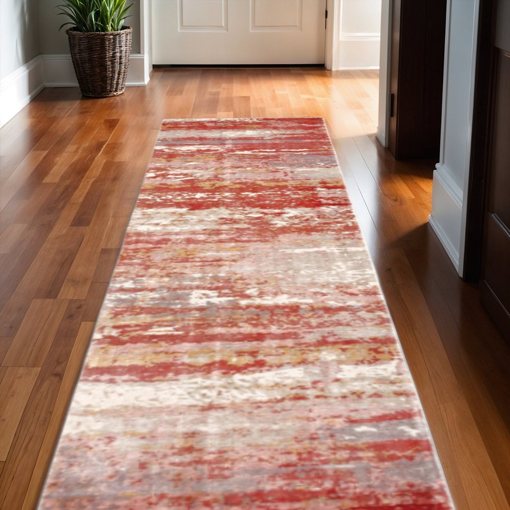8' X 10' Pink And Red Abstract Hand Loomed Stain Resistant Area Rug