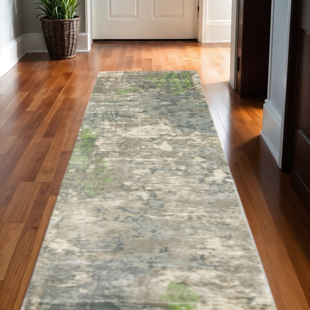 10' X 14' Blue And Green Abstract Hand Loomed Stain Resistant Area Rug