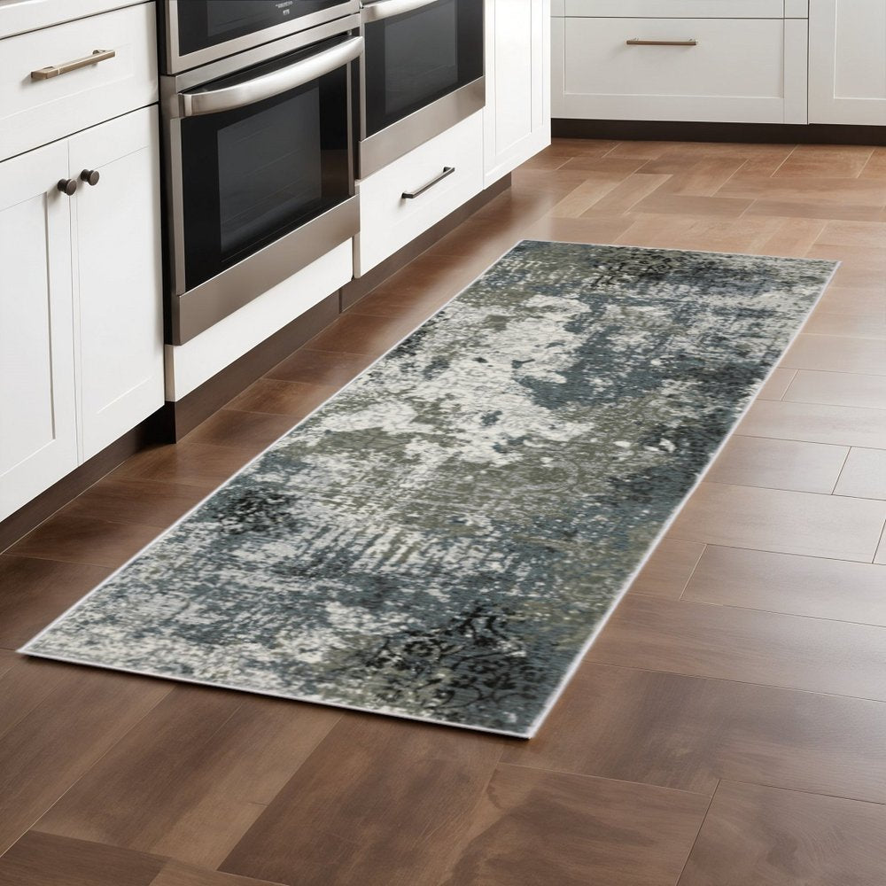 4' X 6' Ivory Grey Charcoal Blue And Navy Abstract Power Loom Stain Resistant Area Rug