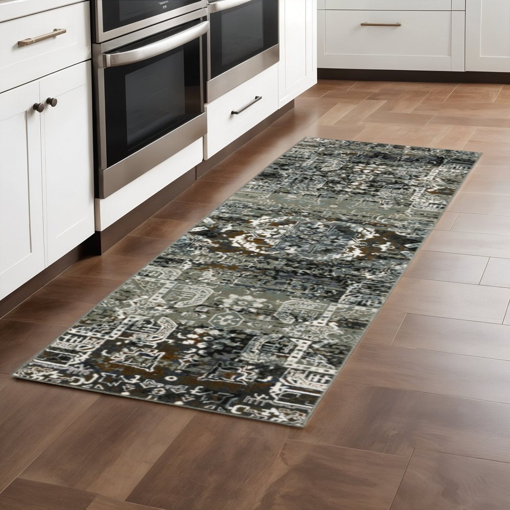 2' X 8' Ivory Charcoal Grey Blue Rust Gold And Brown Oriental Power Loom Stain Resistant Runner Rug