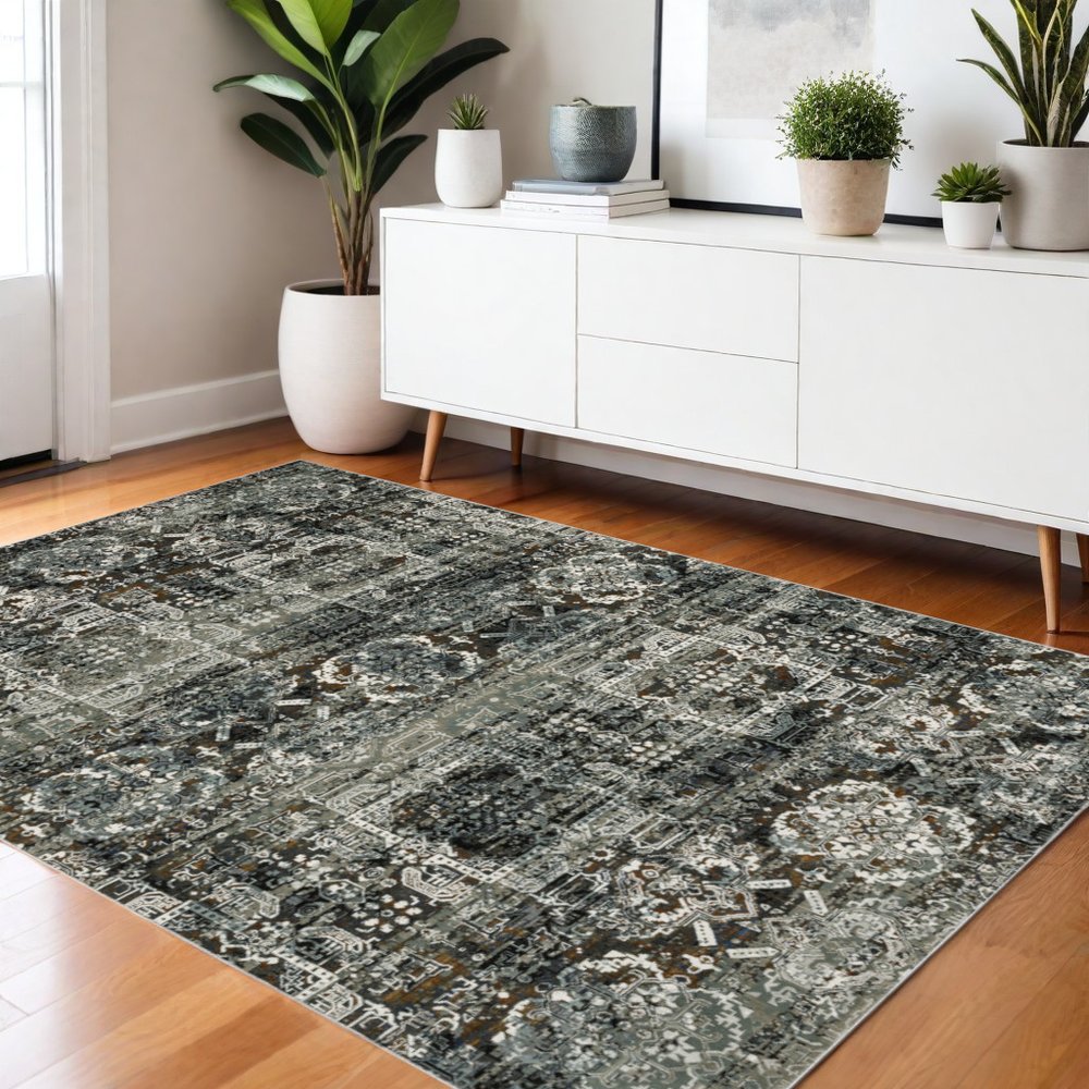 2' X 8' Ivory Charcoal Grey Blue Rust Gold And Brown Oriental Power Loom Stain Resistant Runner Rug
