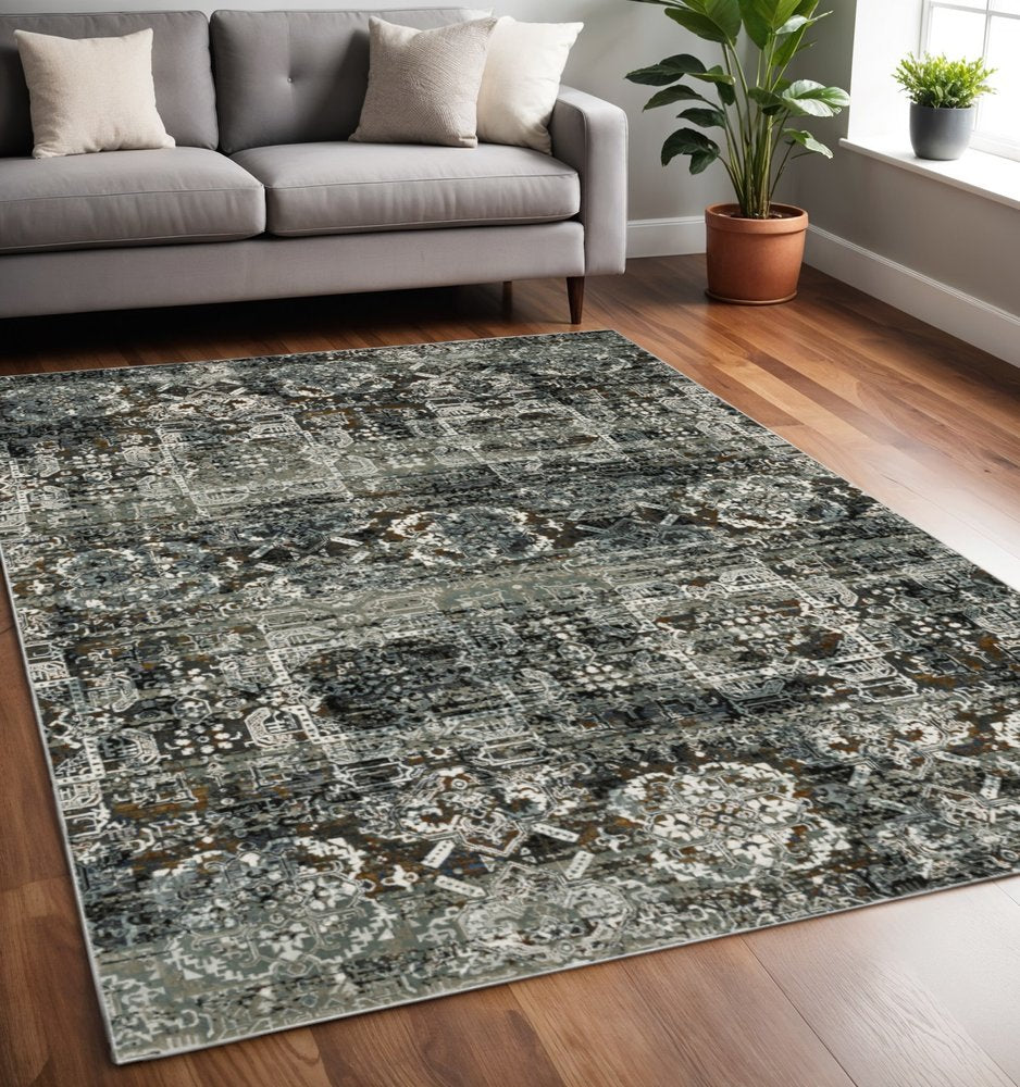 2' X 8' Ivory Charcoal Grey Blue Rust Gold And Brown Oriental Power Loom Stain Resistant Runner Rug