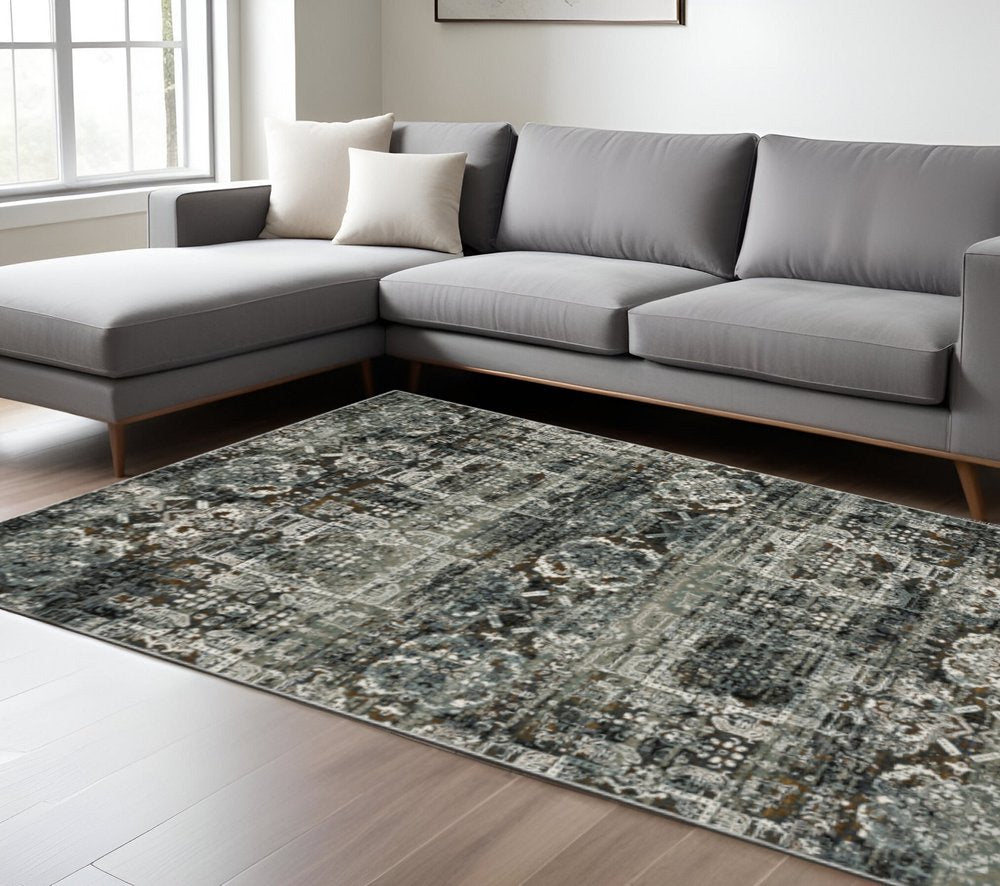 2' X 8' Ivory Charcoal Grey Blue Rust Gold And Brown Oriental Power Loom Stain Resistant Runner Rug