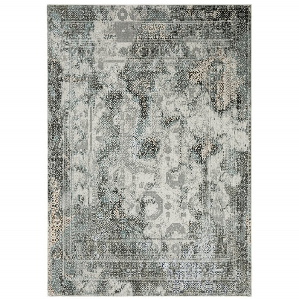 2' X 8' Ivory Grey Charcoal Blue And Rust Oriental Power Loom Stain Resistant Runner Rug