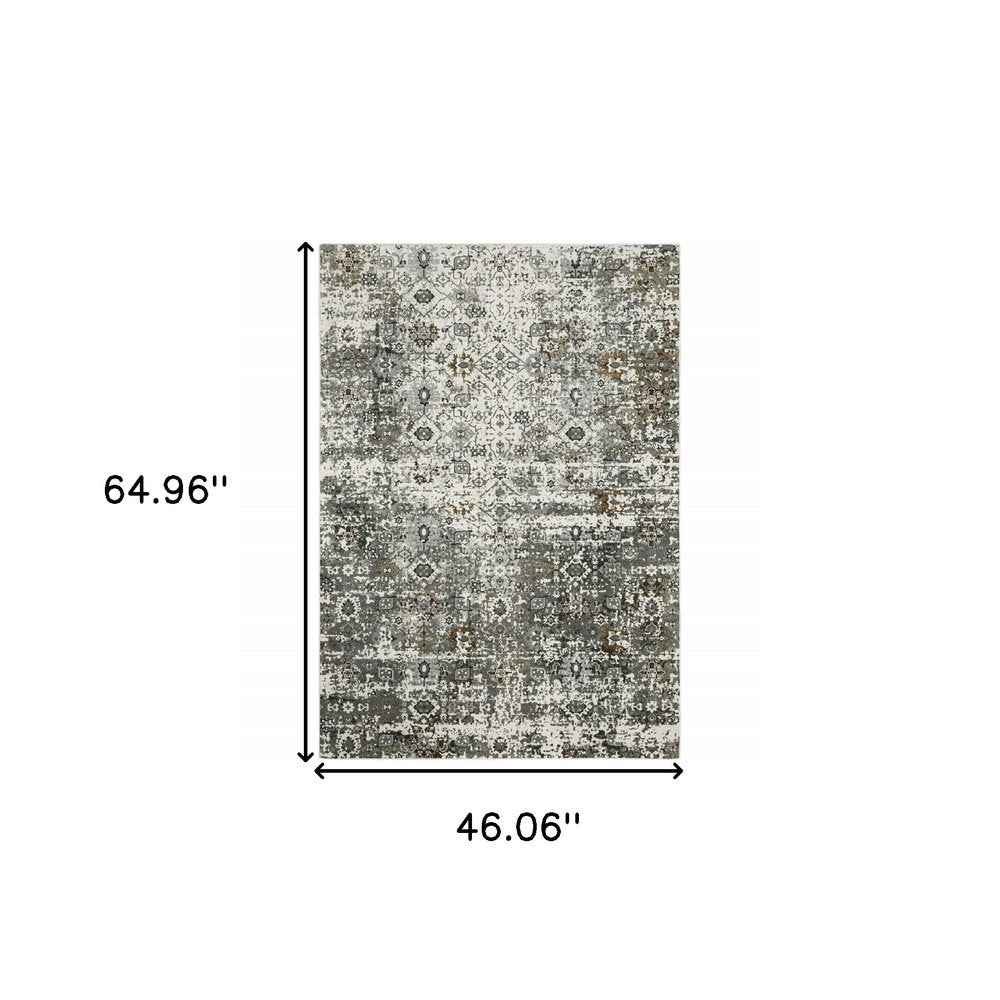 8' X 11' Ivory Grey Charcoal Rust Gold And Brown Oriental Power Loom Stain Resistant Area Rug