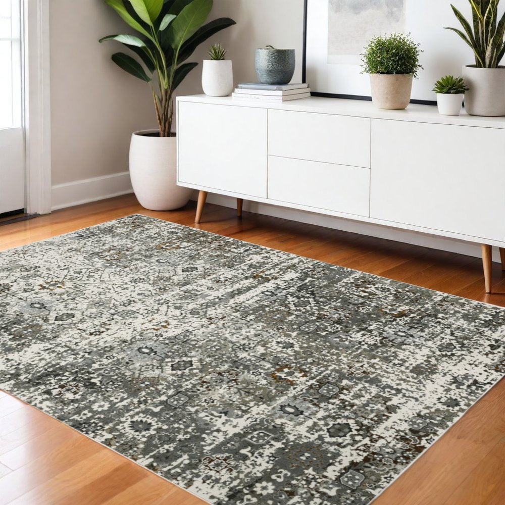 8' X 11' Ivory Grey Charcoal Rust Gold And Brown Oriental Power Loom Stain Resistant Area Rug