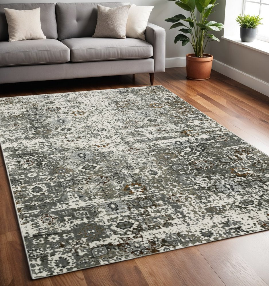 8' X 11' Ivory Grey Charcoal Rust Gold And Brown Oriental Power Loom Stain Resistant Area Rug