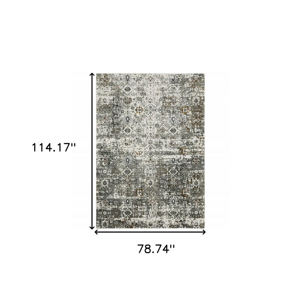 8' X 11' Ivory Grey Charcoal Rust Gold And Brown Oriental Power Loom Stain Resistant Area Rug