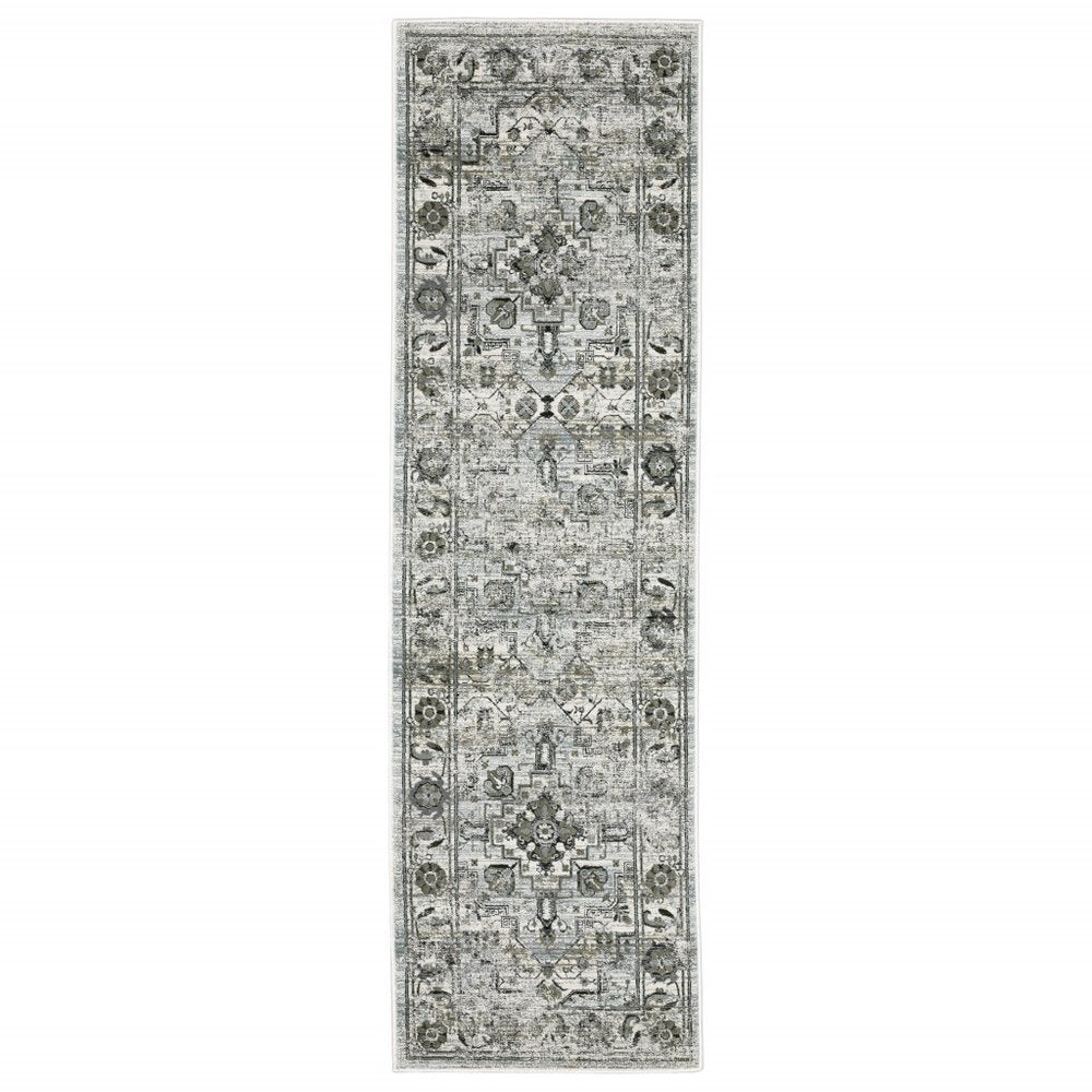 10' X 13' Ivory Grey Charcoal Blue And Taupe Oriental Power Loom Stain Resistant Area Rug