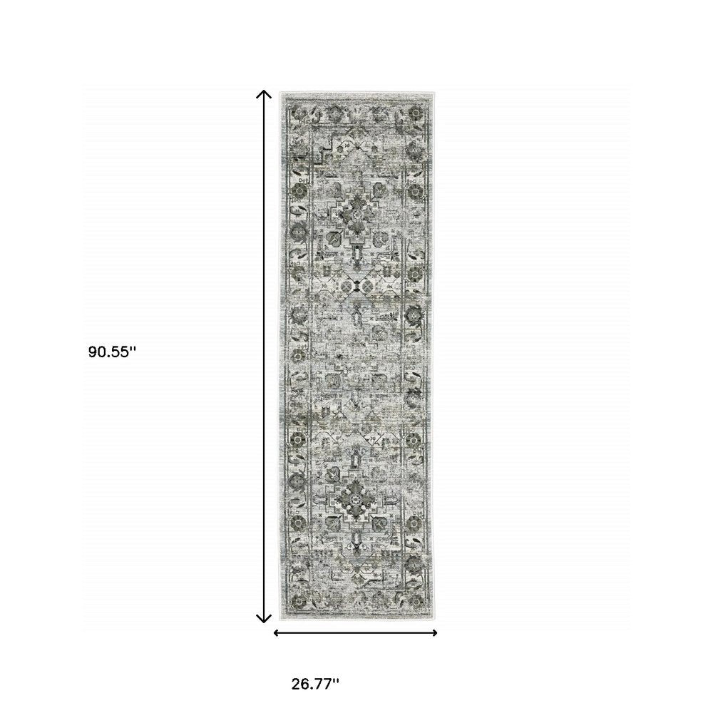 10' X 13' Ivory Grey Charcoal Blue And Taupe Oriental Power Loom Stain Resistant Area Rug