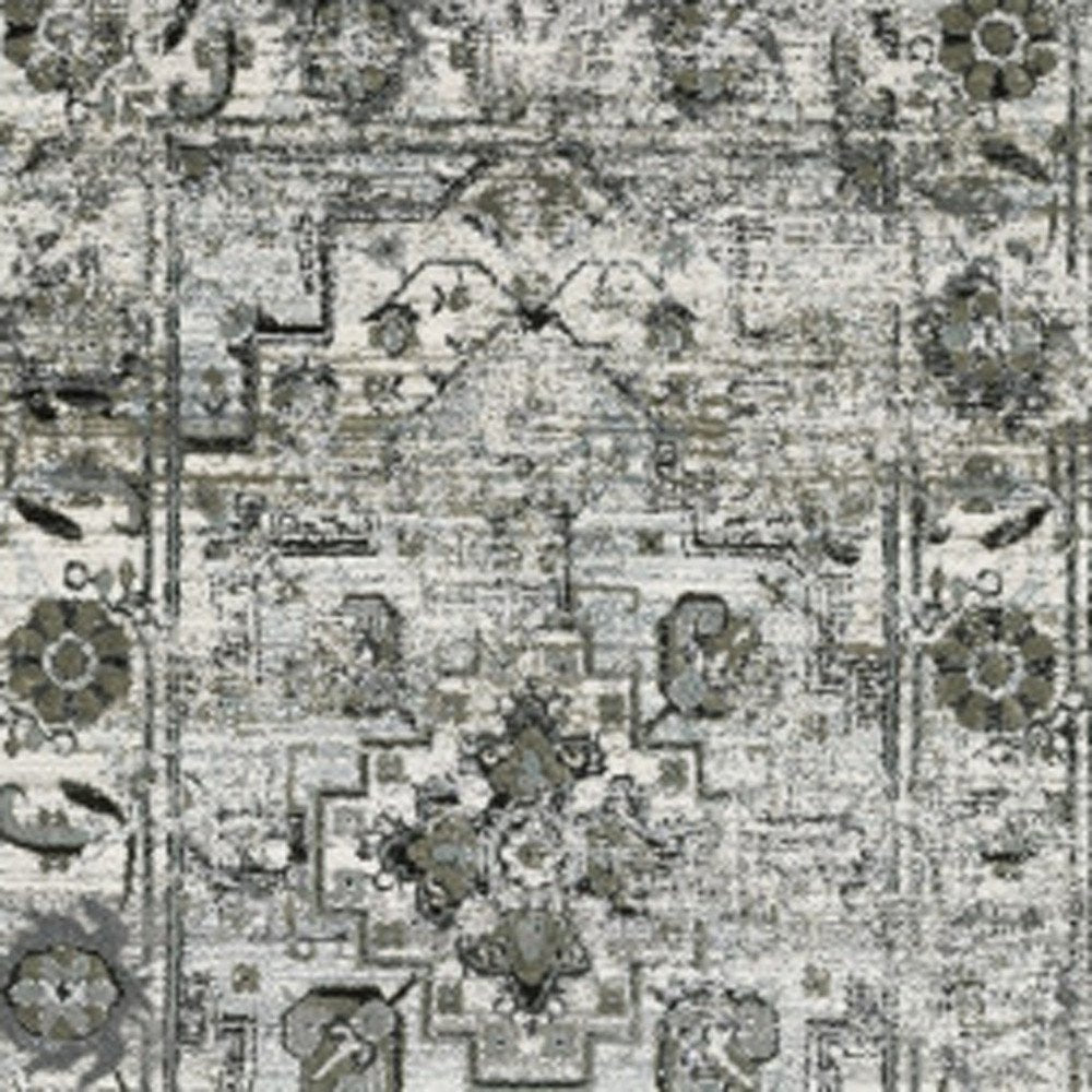 10' X 13' Ivory Grey Charcoal Blue And Taupe Oriental Power Loom Stain Resistant Area Rug