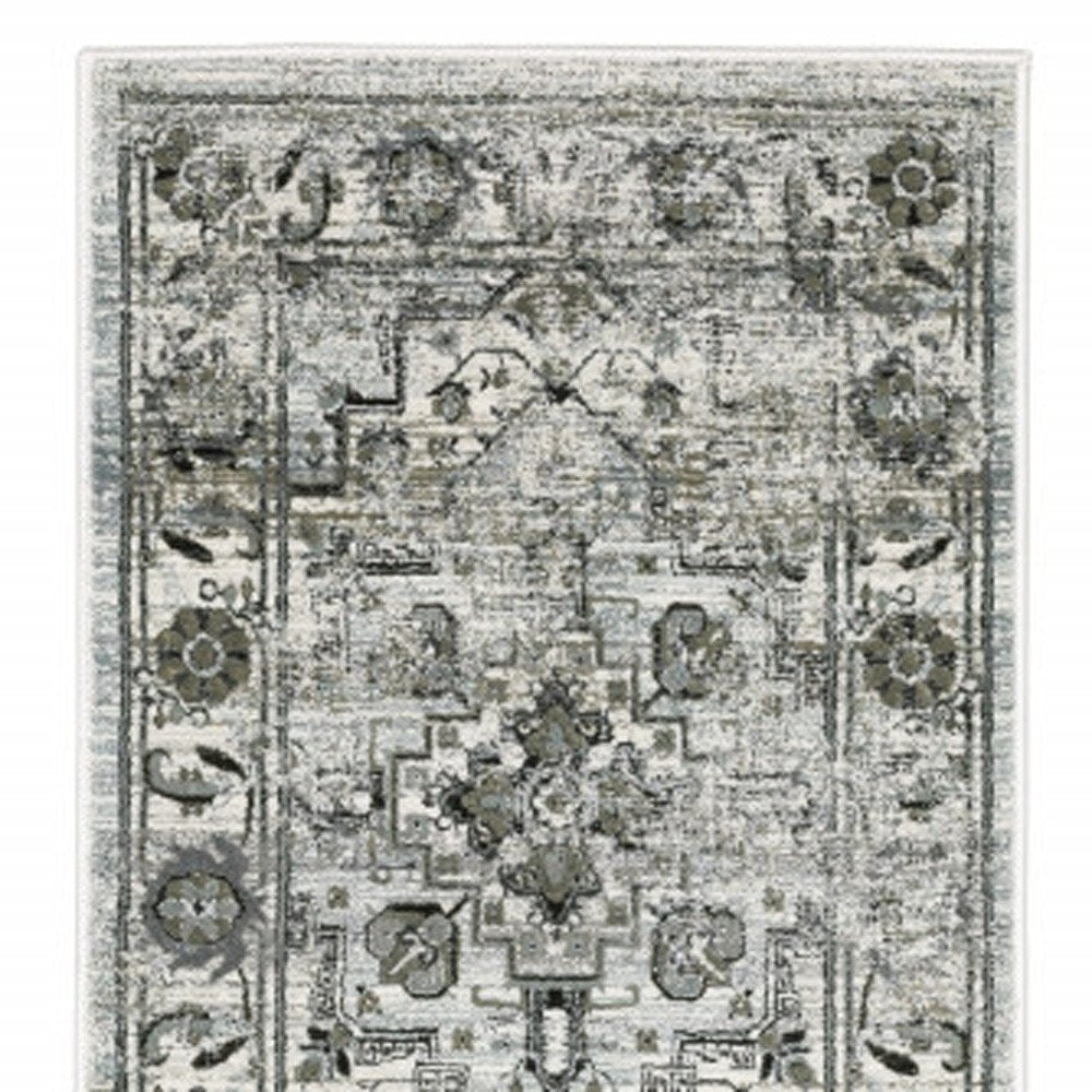 10' X 13' Ivory Grey Charcoal Blue And Taupe Oriental Power Loom Stain Resistant Area Rug