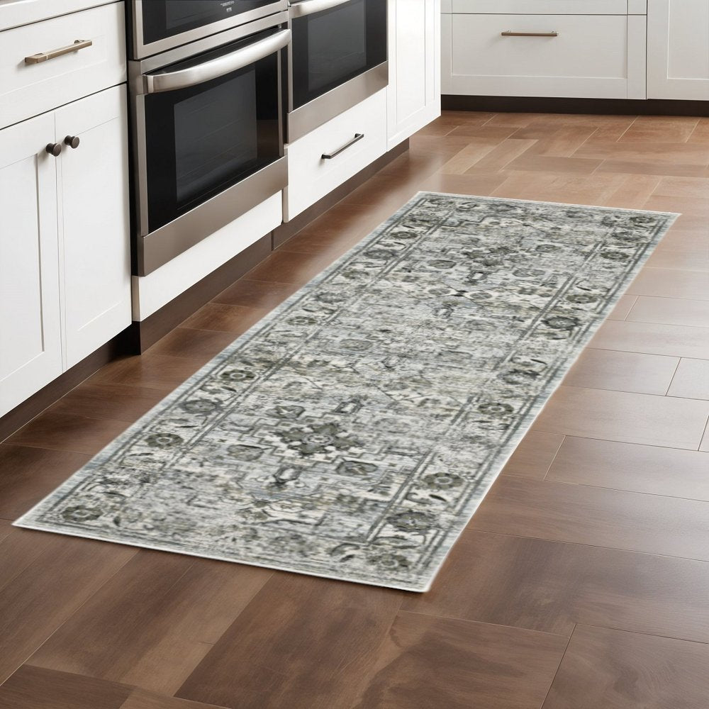 10' X 13' Ivory Grey Charcoal Blue And Taupe Oriental Power Loom Stain Resistant Area Rug