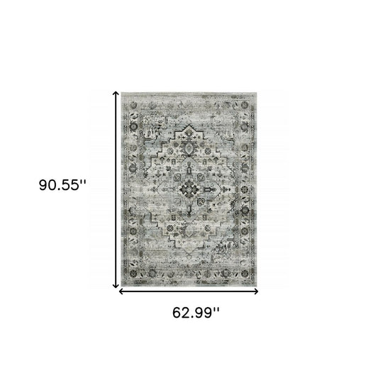 10' X 13' Ivory Grey Charcoal Blue And Taupe Oriental Power Loom Stain Resistant Area Rug